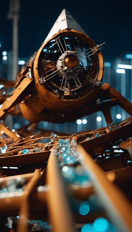 cinematic captivating photo of space ship made from las040 rubble, rusted metal pipes, wires, broken glass, bokeh, close up shot angled off center, 4k, uhd, low light, at night, stars