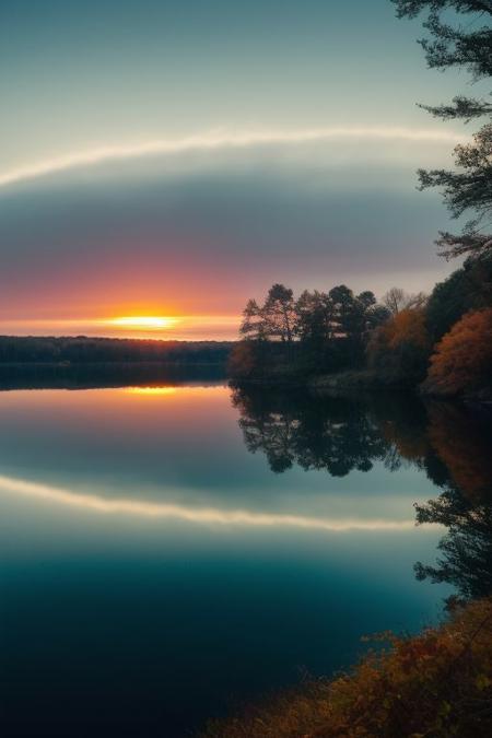 a lonely fisherman catches fish with a fishing rod on a lake, sitting in the middle in a rubber boat, dawn, sunrise, calm, mirror-like surface of water, cinematic photography, hyper realistic majestic Autumn lake scene, fishing by Ethereal liquid smoke, tonalist color scheme, organic formations, haze,