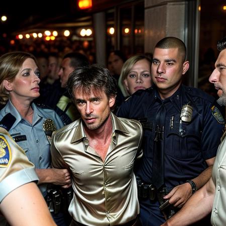 one man, mature handsome fit shaved head in a silk shirt, handcuffed,  (arrested by two  women cops in uniform) in the middle of a cocktail party , partygoer crowd in background, cop in foreground <lora:handcuffed:0.5>