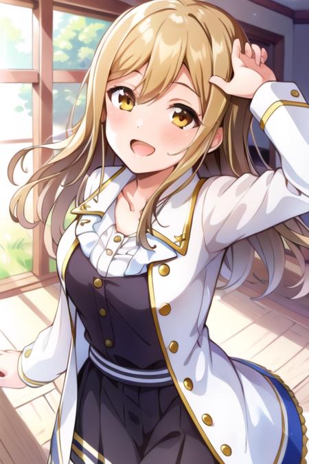 masterpiece, best quality,1girl,solo,<lora:hanamaru:0.7>,kunikida hanamaru,blonde hair,long hair,hair between eyes,yellow eyes,stage