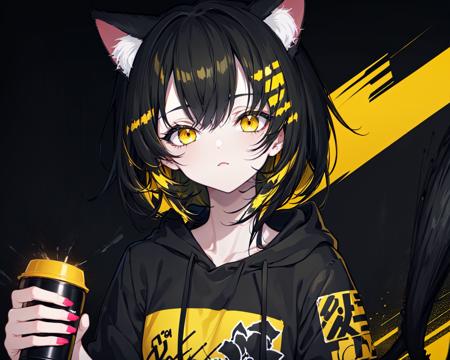 (best quality, masterpiece), (1girl, solo, cat ear black hood, standing, yellow eyes, black hair, leaning, upper body), (less light, black yellow room, Yellow graffiti behind, disorderly spray cans)