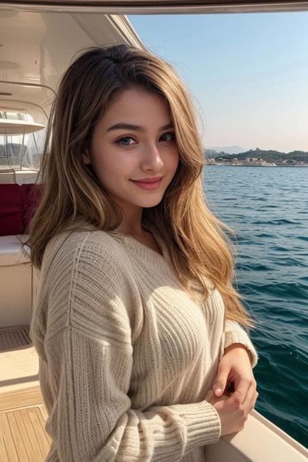 raw photo, (tall 24yo women:1.1, huge tits, blonde, french), accessories, realistic skin texture, (red:0.8), warm lighting, cosy atmosphere, instagram style, onlyfans, looking at camera seductively, casual, candid, daytime shot on a boat on the french riviera, authentic happy face, beautiful anatomy, 4k, beautiful face, curvy weight, sfw, beautiful hands and fingers, bokeh, breasts not showing, sensual outfit with flamboyant colors