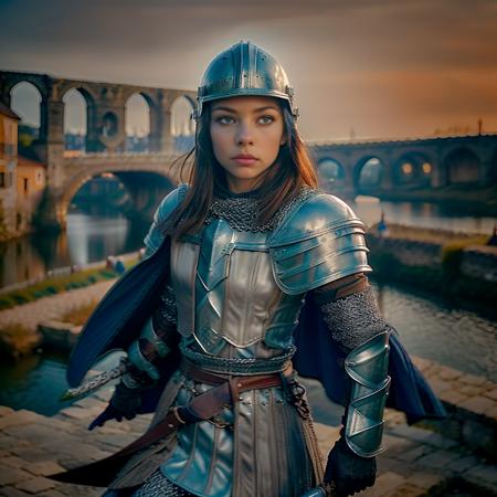  guard:1.3,  <lora:RPGGuard:0.8> solo, gloves, 1girl, solo focus, ((looking at viewer)), boots, outdoors, day, ((helmet)), armor, ((blue eyes)), shoulder armor, cape, brown gloves, holding weapon, polearm, chainmail,  blurry background, overlooking river, medieval town, (detailed eyes), (detailed iris), (realistic:1.3) (professional lighting:1.2) 