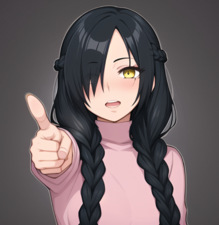 beautiful, masterpiece, best quality, extremely detailed face, perfect lighting, <lora:Afrobull:0.7>, 1girl, arm at side, bangs, black hair, braid, fingernails, hair over one eye, hair over shoulder, long bangs, long hair, looking at viewer, monochrome background, open mouth, pink shirt, pointing, pointing at viewer, ringed eyes, shirt, sidelocks, single braid, solo, teeth, turtleneck, upper body, upper teeth only, yellow eyes