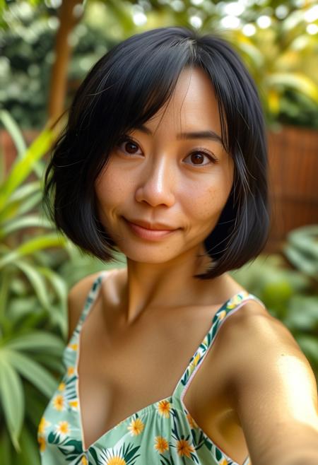 Hyperrealistic ((Selfie photo)) a beautiful 35-year-old Vietnamese woman in sundress looking at viewer, black bob haircut, round face, in garden, ugly flat nose, beautiful brown eyes,