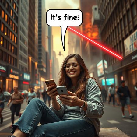 woman sitting in city playing with phone with text bubble above her head saying "It's fine", ((aliens shooting with lasers near her)), relaxed, happy, aliens attacking, chaos around her, people running, buildings burning, dynamic angle, warm hues, realistic, photorealism, hd, 8k, high definition, score_9, score_8_up, score_7_up, score_6_up,