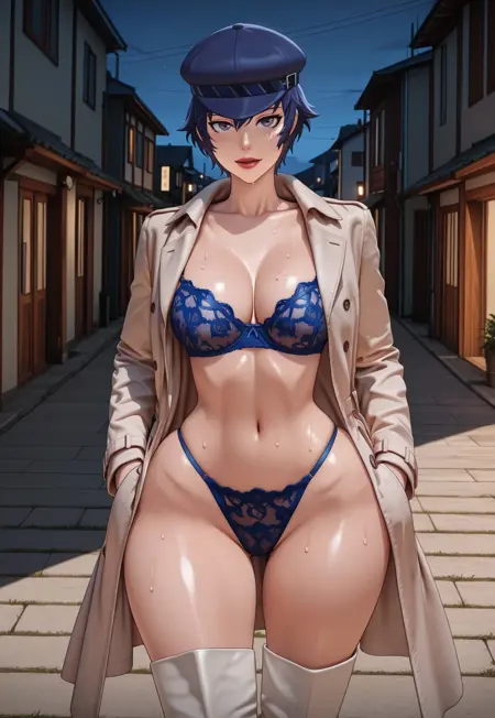 Blue lingerie set with thighhigh boots (and option trench coat)