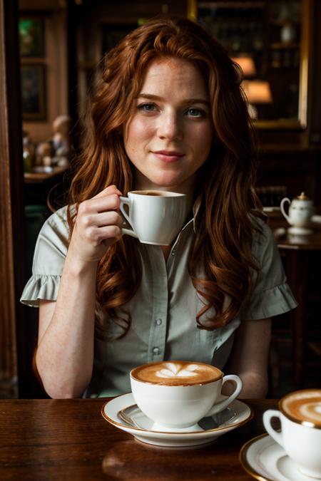 <lora:Rose_Leslie:1> masterpiece, best quality, detailed face, a mature r1873l, 1girl, solo, red hair, cup of tea, cafe, inside, table with a leprechaun, salt pepper pots, plate