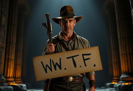 Indiana Jones, standing outside a shadowy, ancient temple with dramatic, high-contrast lighting, holds a sign that reads ‘W.T.F.’ His legendary staff is mysteriously shrunk to a smaller size and tucked away in his pocket. The scene is set in a location that evokes the eerie, labyrinthine atmosphere of Pompeii or the haunted ruins of Agrigento, heightening the sense of danger and intrigue