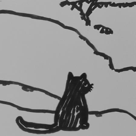 a black and white drawing of a black cat sitting by a cliff edge, back to viewer