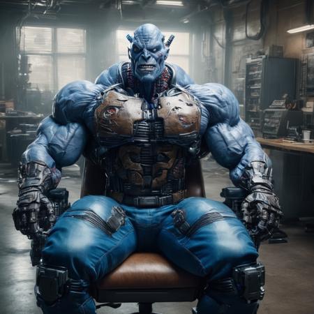 raw photo,cinematic shot,photorealistic,solo,a  cybermutant gigachad wearing blue jeans with cybernetic enhancements wearing blue jeans and sitting in a chair,<lora:FleshmutantXLV4:1.1>,