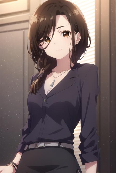 airigotou, <lora:airi gotou s1-lora-nochekaiser:1>,
airi gotou, long hair, brown hair, (brown eyes:1.5), braid, mole, mole under eye, hair over shoulder, mature female, smile,
BREAK skirt, shirt, jewelry, jacket, pantyhose, black skirt, necklace, black footwear, high heels, bracelet, black jacket, side slit, pencil skirt, purple shirt, office lady,
BREAK indoors, office,
BREAK looking at viewer, (cowboy shot:1.5),
BREAK <lyco:GoodHands-beta2:1>, (masterpiece:1.2), best quality, high resolution, unity 8k wallpaper, (illustration:0.8), (beautiful detailed eyes:1.6), extremely detailed face, perfect lighting, extremely detailed CG, (perfect hands, perfect anatomy),