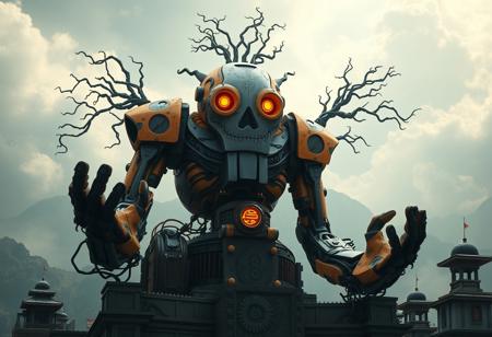 "Generate a hyper-detailed, cinematic rendering of a robot sitting atop an ancient temple gear factory. The robot has a powerful chin, black scribbles and wiggles on its body, and eyes that glow like embers. Its large shoulders and imposing presence evoke a sense of radiant glory. Incorporate the contrasting colors black and orange into the design. The robot's body is made of wires but has a tree-like appearance. The image should be trending on ArtStation and have a museum piece quality. Include hands reaching out in a pose that conveys a sense of transformation, as if the robot is becoming human. Ensure the lighting is dramatic and highlights the intricate details of the robot's design."