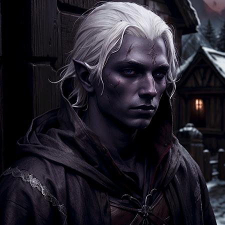  <lora:RPGDrow:0.7> drow:1.2, 1boy, solo, white hair, scar, hood, realistic, dusk, medieval village