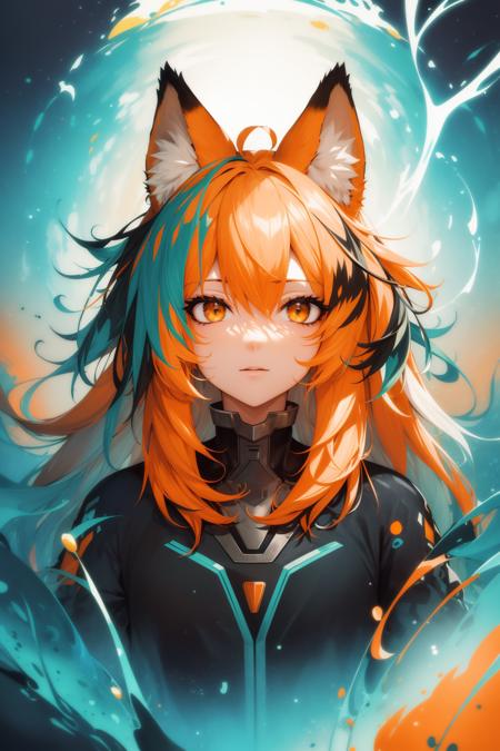 (masterpiece:1.1), (highest quality:1.1), (HDR:1.0), extreme quality, cg, (negative space), detailed face+eyes, 1girl, fox ears, animal ear fluff, (plants:1.18), (fractal art), (bright colors), splashes of color background, colors mashing, paint splatter, complimentary colors, neon, (thunder tiger), compassionate, electric, limited palette, synthwave, fine art, tan skin, upper body, (green and orange:1.2), time stop, sy3, SMM