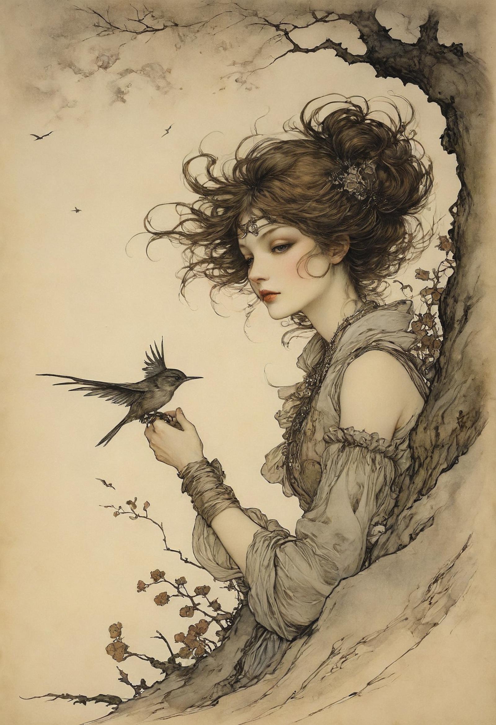 An Artistic Drawing of a Woman with a Bird on Her Hand.