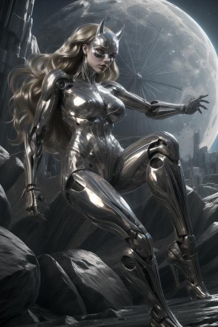 (masterpiece, best quality, official art, beautiful and aesthetic),(extreme wide angle shot),from below,full body,solo,female catwoman jumps over the top of city,breasts,dark skin,thin waist,battle damaged metallic skeleton,dented,rusty,worn texture,(asymmetrical balance),half mechaiecal body,silver metal,science fiction,blonde hair,long hair,breasts,mechanical parts,cyborg,grey eyes,(half metallic left_face),half metallic mask,realistic,rich details,icy gloss,medium breasts,(moon),planet,(cyberpunk city,city lives on moon surface,futuristic space station),<lora:xsarchitectural-12NightMoonsci-fi:0.5>,<lora:catwoman2-000006_0.7+halfmetal-000007_0.6:0.8>,