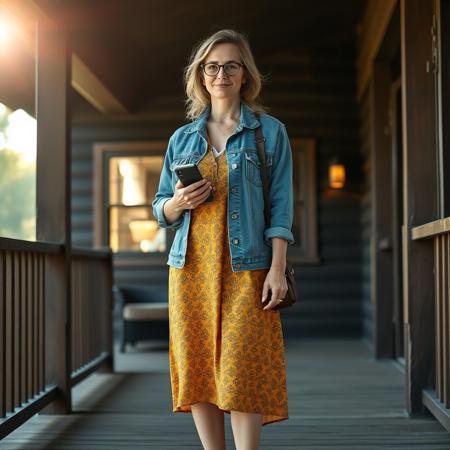 masterpiece full-body portrait of a casually dressed woman outdoors::1.4, rustic natural light photography style::1.2, realistic digital painting::1.1,
(physical description: adult woman, medium to full build, standing facing the viewer, wearing eyeglasses, holding a phone or book:1.1)
(facial features, expression: soft, relaxed expression, natural lighting on face:1.0)
(clothing details: denim jacket or shirt over a patterned midi dress in yellow and brown tones, open-toed sandals:1.0)
(accessories: eyeglasses, possibly subtle jewelry or practical bag, anklets, and metal jewelry,:0.9)
(background setting: outdoor porch or deck area with rustic elements—building with dark siding and log cabin features, one window glowing with warm interior light:0.9)
(lighting style: bright sunlight with noticeable glare or lens flare, emphasizing the warmth and clarity of day:0.8)
(composition and camera framing: full-body shot centered on the subject, naturalistic framing with a slight tilt to capture architectural details:1.0)
(emotional tone or theme: calm, grounded, and rustic with a hint of domestic coziness:0.9)
(technical execution: realistic digital texture on clothing and wood grain, warm contrast between sunlit elements and shadows, strong subject focus with soft background:0.8)