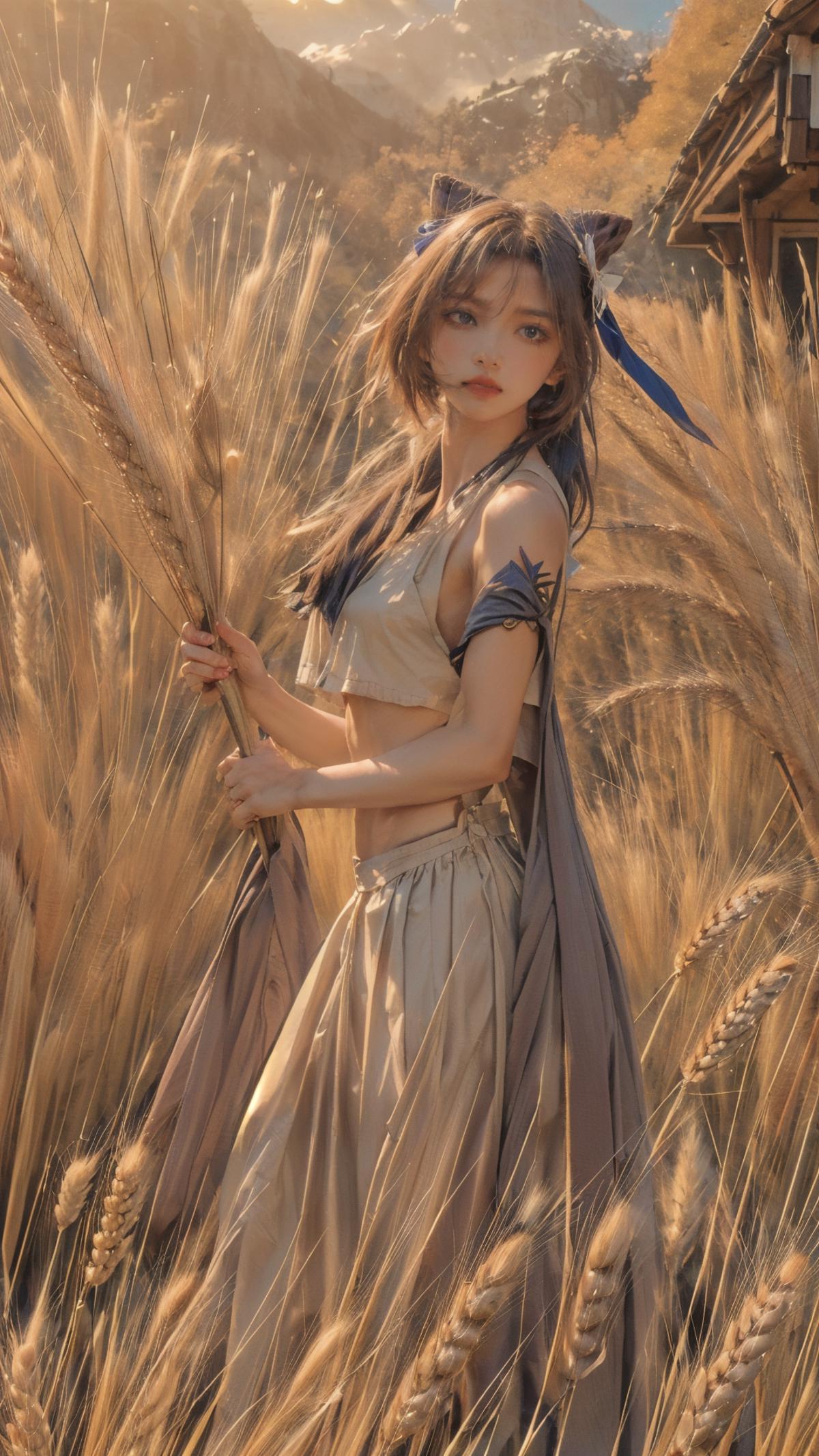 A woman in a white dress holding a wheat stalk.