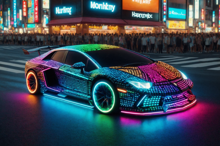 a hovering sedan made out of RGB Keyboards, with smooth lines, floating wheels, solo, glowing rims with RGB lights, illuminated wheels, an RGB highway with neon holographic signs, city lights with RGB lights, detailed background, speeding down a highway, motion blur, emitting RGB lights trailing, dynamic angle, wide shot, a glowing RGB billboard with RGB lights, displaying ads, in the background, best quality, vibrant colors, photorealistic style, high detail, high-definition, hyper-realistic, extremely high-resolution details, fine texture, incredibly lifelike, realistic, not cartoon, not drawing, highres, 4K resolution, source photo, realistic photo, masterpiece, best quality, amazing quality, very aesthetic, ultra-detailed, detailed textures, natural lighting, soft lighting, digital rainbow colors, full spectrum glow, holographic glow, futuristic and shimmering, overhead shot, <lora:RGB_Keyboard_themed-000008:1>