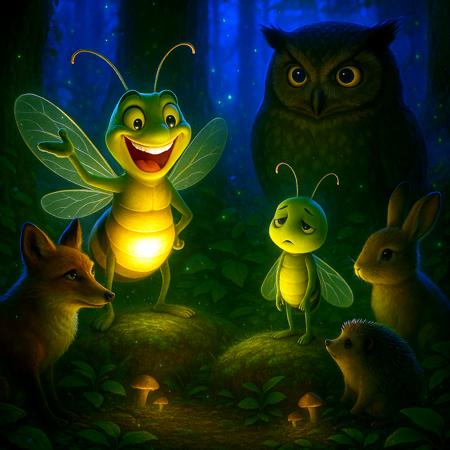 In an enchanted forest at dusk, two anthropomorphized fireflies—a proud, boastful father and his shy son—stand at the center of a gathering of woodland creatures. The father’s glowing presence exudes confidence, his wings flickering with bursts of prideful light, while the son’s softer amber glow reflects his quiet internal conflict. Surrounding them, an owl, rabbit, fox, and hedgehog display varied emotional reactions—empathy, admiration, concern, and naive curiosity. The bioluminescent plants and glowing mushrooms pulsate with the emotional tension in the air. The scene is set on a moss-covered stone, illuminated by soft moonlight filtering through the dense canopy. The father’s exaggerated brilliance contrasts with the son’s subdued glow, visually mirroring their emotional divide. The art style is Pixar-inspired with expressive lighting, finely detailed textures, and subtle emotional depth in character postures and facial expressions. The forest’s lighting fluctuates dynamically, reinforcing the magical, emotionally rich atmosphere.