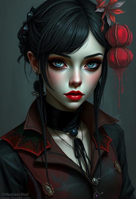 A gothic-fantasy heroine, her boldly designed outfit and eyes painted in  precise style, yet her face carries a deep, contemplative sadness reminiscent of expressionist figures.
bold digital semi-realism meets melancholic expressionism, soft painterly textures blending into crisp stylized portraiture, dramatic moody lighting, eerie and contemplative atmosphere, muted grays with neon highlights, deep introspective emotion, surreal abstraction merging with bold character design