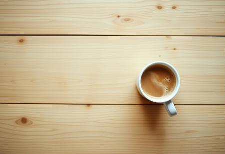 A view from the top of a wooden table with a coffee mug, classic stock photo, chill vibe, latte cafe on a classic wooden kitchen table. Empty table except the coffee mug. Coffee mug on the far right. Clean mug with fresh coffee, light foam on coffee. No space between plank, glued plank without gaps. Light coloured wood. Coffee mug should take 1/16 of the image. View from far above. Large table, small mug. Mug on top right corner. Tiny mug. Focus on table, not on mug