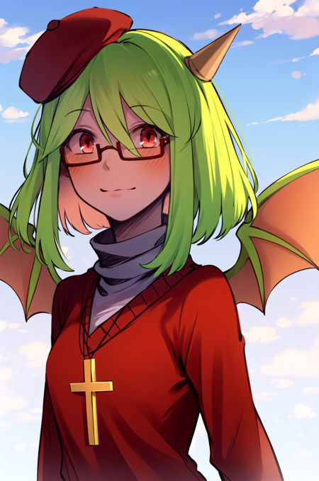 yosafire, 1girl, solo, green hair, glasses, red eyes, cross necklace, red sweater, white turtleneck, red boots, black pantyhose, demon horn, demon tail, demon_wings, beret