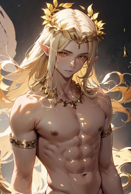 1boy, platinium blonde hair, long hair, yellow eyes, pointy ears, head wreath, golden necklace, armlet,