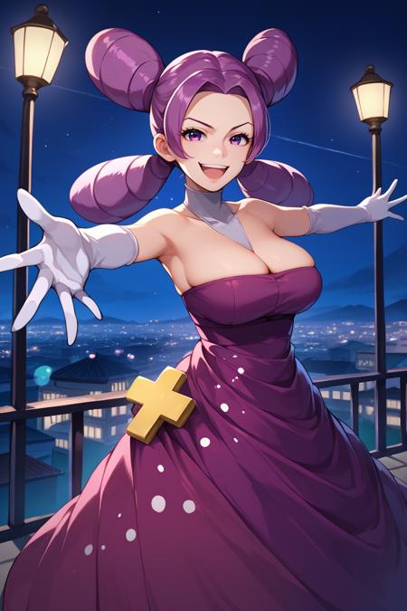 fantina, purple hair, double bun, low twintails white collar, purple dress, cleavage, elbow gloves, mature female, large breasts