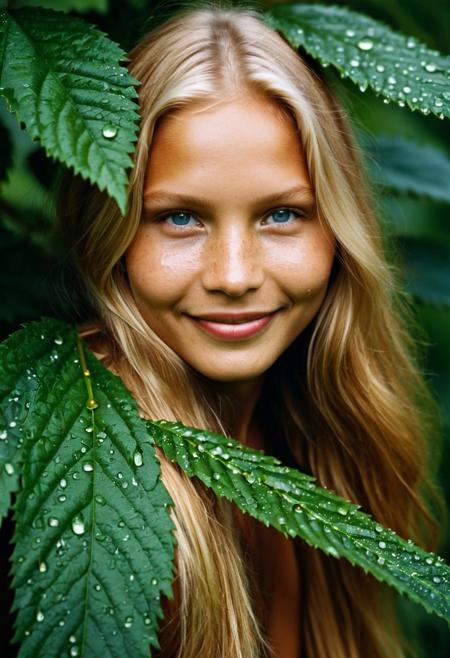 Masterpiece photo,extremely detailed, amazing, Through the dense tangle of dark green leaves, a single dark blue eye, smile [((blonde fashion model sasha luss)):0.35],(elsa-frzn:1.0),best quality, photorealistic,(( <lora:NativeAmericanGirlLoRA:0.75> 1girl, long red hair, native american, dark skin)), peers out from the shadows, intense and watchful. The surrounding foliage frames the eye perfectly, with droplets of dew catching the light and adding a sense of mystery to the scene. The pupil contracts slightly, hinting at something lurking behind the leaves, observing in silence. The thick, layered leaves obscure the face, but the sharp focus on the eye adds tension to the moment, as if it's waiting for something—or someone, realism, realsitic, ((soft light, 8k, high resolution))