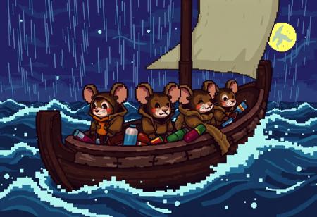 pixel-art 
a small group of mouses scared worried with old rusty clothes and dirty raincoats traveling in an old ailing boat made with bottles and trash on a storm  in the ocean lightings rain moonlight big waves 
... 
blocky, pixel art style, 8-bit graphics, blocky, pixelated, vibrant colors, recognizable characters and objects, game assets, pixel-art, 
aidmaMJ6.1, pixel art