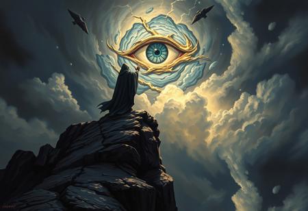 A dark fantasy illustration portraying a robed sorcerer standing atop a craggy cliff, summoning a massive, glowing eye symbol in the storm-filled sky above. The scene is rendered in intricate detail, with swirling clouds, crackling lightning, and a dramatic interplay of light and shadow adding to the awe-inspiring intensity.
( oil painting art style, monet style, monet style, painting, palette knives painting, impasto painting, canvas texture, (( Oil painting effect )), oil painting brush, oil painting style, brush stroke, monet style, oil painting detailers ), canvas, brush, palette, pigment, oil, varnish, texture, impasto, glazing, underpainting, still life, Renaissance, Baroque, Impressionism, modern art, contemporary art, fine art, visual art, and art history., ( simmering, sparkling, splendid, ultra-detailed, 4K, depth of field, high resolution, (( Masterpiece, best quality )), sharp focus, highly detailed, ultra high resolution, perfect fingers, ) ., midjourney style