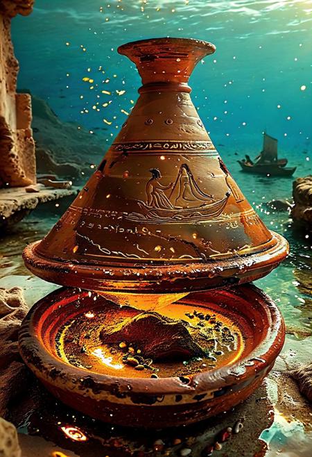 A semi-submerged Greek trireme, cracked open like a giant clay tagine, revealing ancient amphorae glowing with golden light. Inside, ghostly chefs from antiquity stir spectral tagines while spices swirl like stardust. The hold is half shipwreck, half temple — flooded with bioluminescent sea life that illuminate inscriptions on the jars. A single canopic jar sits on an altar, its spirit guardian mid-transformation into a shimmering deity.
]