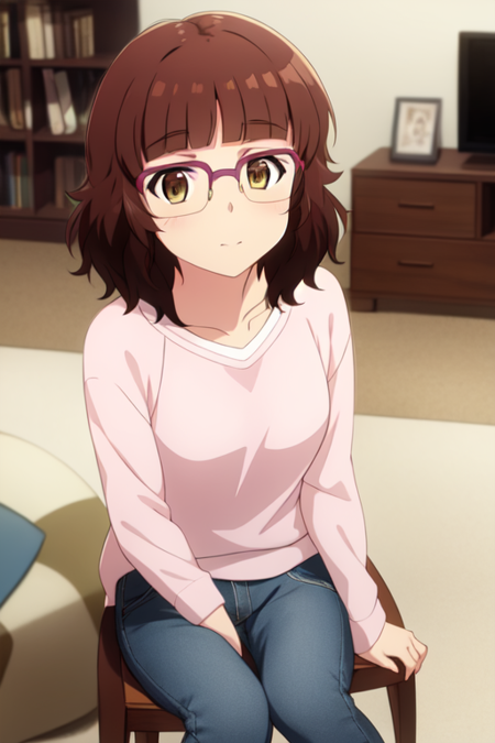 marine, glasses, 1girl, solo, casual, sitting, living room