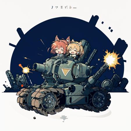 masterpiece,best quality,SV-001,
(chibi:1.5),2girls,(giggling,happy:1.2),closed eyes,open mouth,animal ears and tail,riding tank,firing cannon,
ruins,abandoned city,explosion,sparks,
 <lyco:SV-001_v10:0.7>