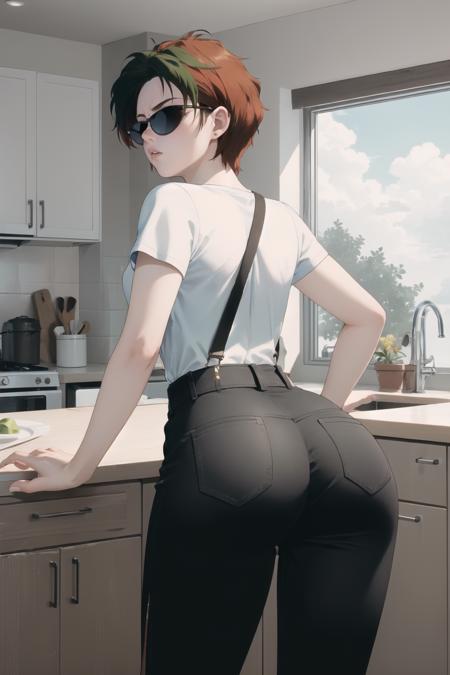 (masterpiece, best quality:1.2), <lora:natasha_radinov:.9>, natasha radinov, solo, 1girl, breasts, brown hair, multicolored hair, two-tone hair, green hair, night, pants, black pants, short hair, shirt, suspenders, short sleeves, white shirt, sunglasses, ass, from behind, bent over, indoors, kitchen, chair, stool,