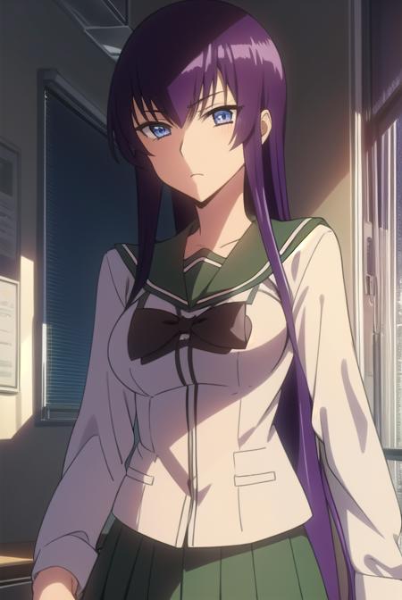 saekobusujima, <lyco:saekobusujima-LYCORIStest:1>,
saeko busujima, long hair, purple hair, (purple eyes:1.1), hair between eyes,
BREAK skirt, long sleeves, bow, school uniform, serafuku, green skirt,
BREAK looking at viewer,
BREAK indoors, classroom,
BREAK <lora:GoodHands-vanilla:1>, (masterpiece:1.2), best quality, high resolution, unity 8k wallpaper, (illustration:0.8), (beautiful detailed eyes:1.6), extremely detailed face, perfect lighting, extremely detailed CG, (perfect hands, perfect anatomy),