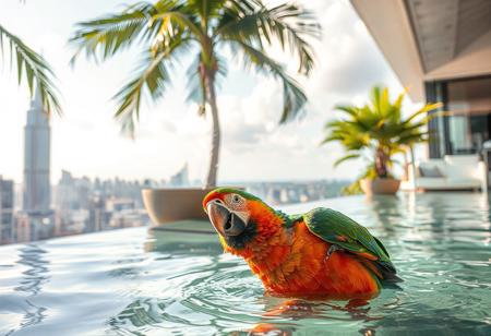 Happy parrot, playing in water,  drinking, thristy, daylight  penthouse, tropical city, morning, skyscraper, distant city,