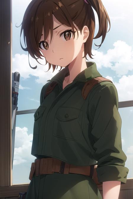 shinokuribayashi, <lora:shino kuribayashi s1s2-lora-nochekaiser:1>,
shino kuribayashi, short hair, brown hair, (brown eyes:1.7), side ponytail,
BREAK uniform, military, military uniform, (green uniform:1.5),
BREAK outdoors, forest, nature, sun, sky, clouds, trees, grass,
BREAK looking at viewer, (cowboy shot:1.5),
BREAK <lyco:GoodHands-beta2:1>, (masterpiece:1.2), best quality, high resolution, unity 8k wallpaper, (illustration:0.8), (beautiful detailed eyes:1.6), extremely detailed face, perfect lighting, extremely detailed CG, (perfect hands, perfect anatomy),