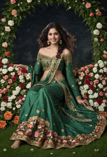 Create a highly detailed 3D image of an Indian queen. She has long, flowing curly hair embellished with intricate, vibrant flowers. She is dressed in a green dhoti and a matching strapless blouse, complemented by subtle, elegant jewelry. The queen is gracefully lying on lush grass, her navel pressed against the ground, and her legs elegantly raised behind her. A serene, captivating smile lights up her face. The scene is set against a deep, dark background featuring a radiant, shining moon and a rich, elaborate floral backdrop, adding depth and contrast to the composition.