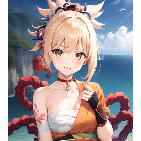 ((masterpiece)),(best quality),official art,extremely detailed CG,unity 8k wallpaper,ultra detailed,A lighthouse on a cliff by the sea,1girl,solo,upper body,(portrait:1.2),looking at viewer,hadanugi_dousa,sarashi,orange_kimono,japanese_clothes,arm_tattoo,blonde_hair,fingerless_gloves,smile,chest_tattoo,bandaged_arm,shimenawa,red_choker,hair_ornament,yellow_eyes,high_ponytail,rope,bandaged_leg,flower_tattoo,bangs,medium_breasts,tabi,single_fingerless_glove,leg_armor,single_thighhigh,<lora:Yoimiya(gen)>,