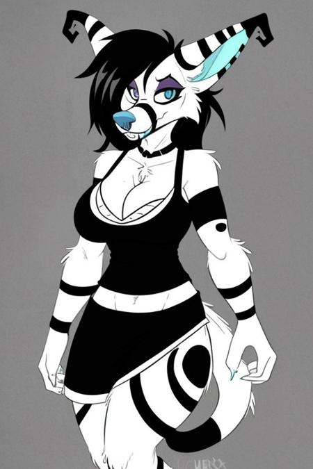 crux, tail, striped, female, cleavage, clothed, highly detailed, detailed eyes, <lora:crux_3400:.8>