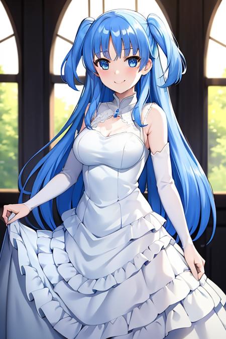 (masterpiece, best quality, hi-res:1.2),  <lora:chthollyLORA415-000003:0.6>,1girl, dress, blue hair, wedding dress, long hair, solo,white dress, smile, blue eyes, two side up