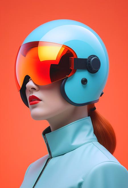 an upper body portrait by (Anna Dittmann:0.8) and (Eiko Ojala:1.3) and (Hayv Kahraman:0.7), 3/4 perspective view, a red headed woman wearing a sleek design protective jet pilot helmet designed by Dieter Rams featuring a big integrated curved colour-tinted face-protective visor, her skin is flawless and radiant with a subtle texture and natural beauty marks and her eyes peering through the visor are clear and sharp, composition is asymmetrical and dynamic, intricate details, masterpiece, best quality, Vaporwave style, retro aesthetic, cyberpunk, (vibrant neon colors:1.2), vintage 80s and 90s style, highly detailed, futuristic, atom age, neon gradient background, catchlight in the eyes, light reflecting in the irises, <lora:SDXL - Detail Tweaker XL:1>