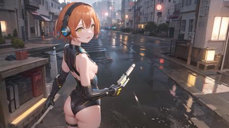 ((masterpiece,best quality)), (cyberpunk:1.2), 1girl, ((solo)),((extremely detailed CG unity 8k wallpaper)),((bodysuit)), (hoshizora rin),((small breasts)), short hair, detailed background,  yellow eyes, orange hair, ((nsfw)),cyberpunk city, neon lights, LED, colorful, (outdoors:1.2), looking back, ass,  fantasy, cityscape, ((illustration)),digital art, digital illustration, 4k, trending on artstation, trending on cgsociety, cinematic, agfacolor,(Lighting headphones), ((depth of field)),water, ((night)), reflection, puddle, <lora:Hoshizora_rin_v2.0:0.4>