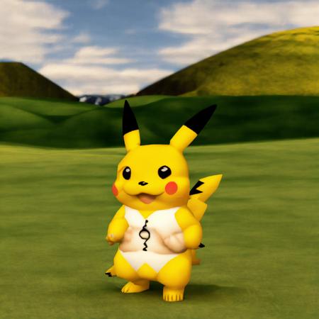 Pikachu, close-up, in the field, grass, n64 style <lora:RetroJoyN64:0.9>