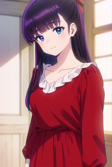 ryoukomendou, <lora:ryouko mendou s1-lora-nochekaiser:1>,
ryouko mendou, long hair, blue eyes, purple hair, bow, hair bow, mole, mole under eye, smile,
BREAK dress, red dress, collarbone, long sleeves,
BREAK indoors, classroom,
BREAK looking at viewer, (cowboy shot:1.5),
BREAK <lyco:GoodHands-beta2:1>, (masterpiece:1.2), best quality, high resolution, unity 8k wallpaper, (illustration:0.8), (beautiful detailed eyes:1.6), extremely detailed face, perfect lighting, extremely detailed CG, (perfect hands, perfect anatomy),