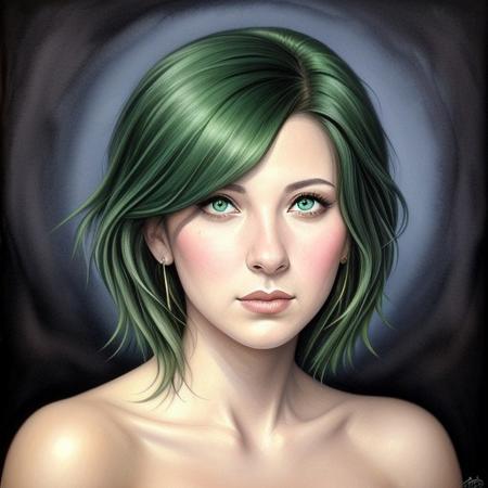 A woman with green hair and Luminous eyes looks at the camera, Beautiful picture of the character, character portrait, character portrait,  epic portrait illustration, neo-artcore, high quality portrait, fantasy concept art portrait, detailed matte fantasy portrait, Detailed beautiful portrait, fantasy art portrait, dark, chiaroscuro, low-key, oil and watercolor painting
