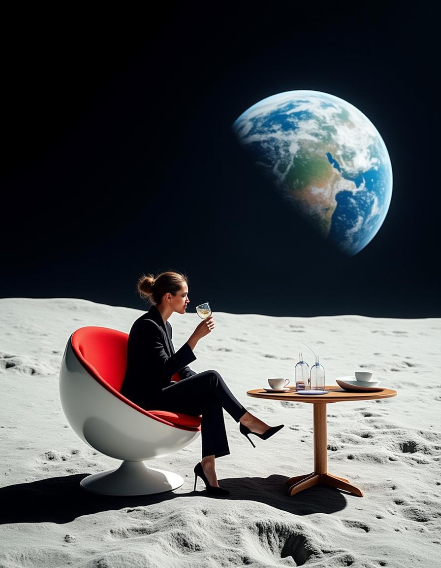 an image of the surface of the moon,
on the moons surface is a coffee table and a white ball globe chair with bright red upholstery
an elegant woman in a business suit sits in the chair casually sipping tea
the (planet earth:2.0) rises into view over the moons horizon directly over the woman's head as she faces the viewer
in the background is the surface of the moon, huge craters aare clearly visible